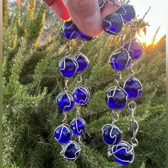 Vintage 70's Cobalt Blue Caged Wirewrap Art Glass Bead Necklace - Picture 8 of 8